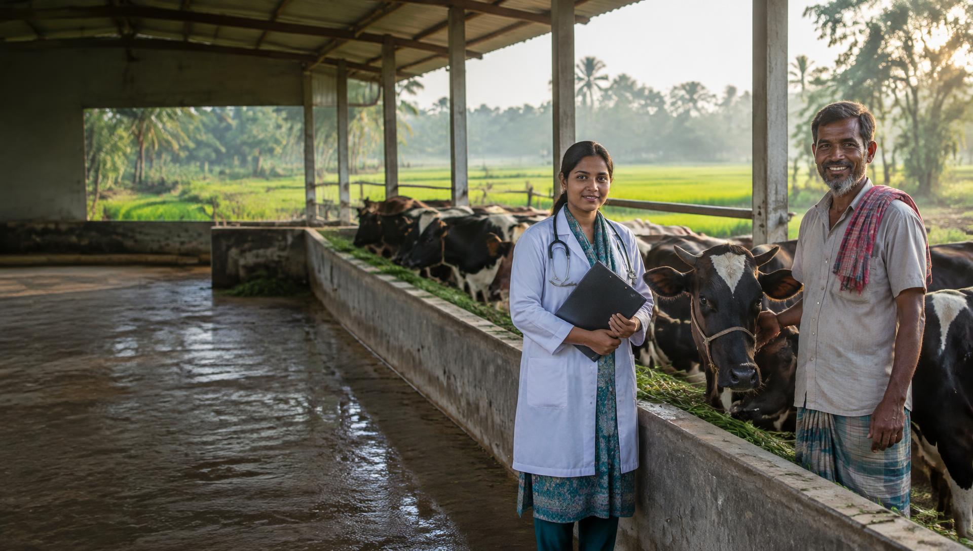 Dairy farmer and veterinary professional with cattle on a Bangladesh farm